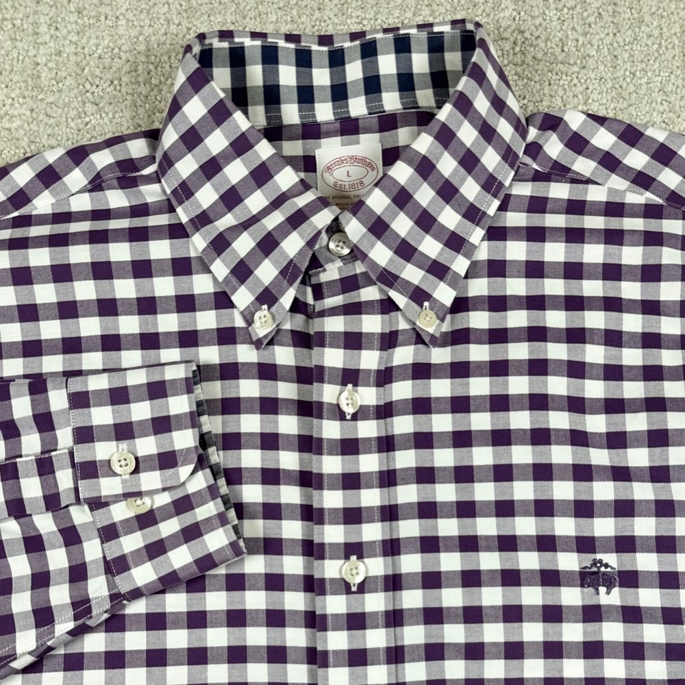 Brooks Brothers Mens Large Purple Check Gingham Non-Iron Button Down Shirt
